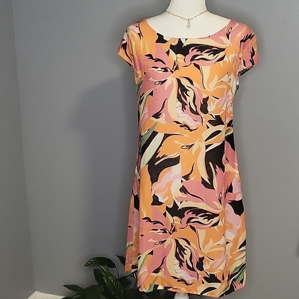 Cristina Vergani Floral Linen Blend Pullover Boatneck Dress with Pockets- Size M